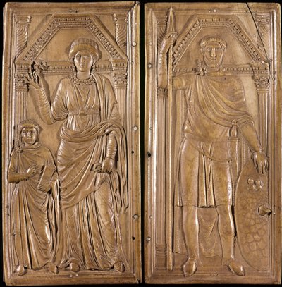 Stylikon (Flavius Stylicho lub Styliccho, 360-408), generał i polityk starożytnego Rzymu barbarzyńskiego pochodzenia (ojciec wandal i matka rzymska). „”Dyptyk of Stilicon””: pistolet Stilicon i jego żona Serena i jego syn Eucherio. Kość słoniowa około 400. autorstwa Roman
