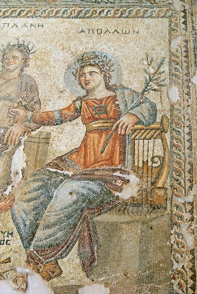 Mozaika Apollo i Marsjasz, fragment Pliniusza i Apolla, Dom Aiona, Pafos, mozaika Cypr autorstwa Roman