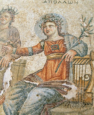 Mozaika Apollo i Marsjasz, fragment Pliniusza i Apolla, Dom Aiona, Pafos, mozaika Cypr autorstwa Roman