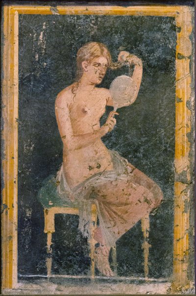 Kobieta z lustrem, I H. I wiek. OGŁOSZENIE. autorstwa Roman Pompeian wall painting.