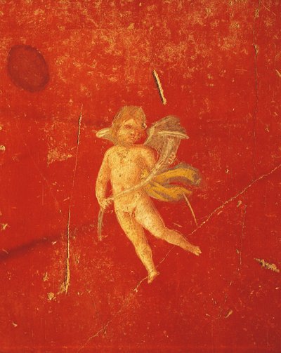 Cherub na czerwonym tle Pompejusza, fresk w czwartym stylu pompejańskim, z domu Pinario Ceriale, Pompeje, Kampania, cywilizacja rzymska autorstwa Roman Roman