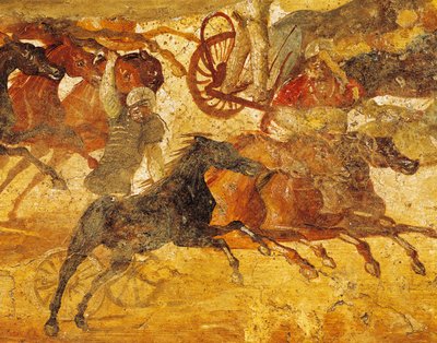 Fragment fresku przedstawiającego rasę qurigas z Pompejów we Włoszech autorstwa Roman Roman