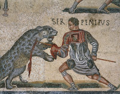 Fragment mozaiki przedstawiający walkę gladiatorów, pochodzący z Torre Nuova autorstwa Roman Roman