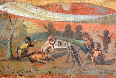 Fragment obrazu przedstawiającego gipsową scenę nad Nilem z Pigmejami, 56x217 cm, z Pompejów, wpisanych na Listę Światowego Dziedzictwa UNESCO autorstwa Roman Roman