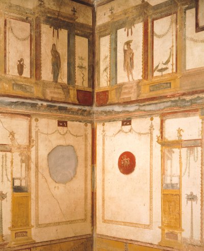 Szczegóły fresków zdobiących pokój, Dom Vettii, Pompeje, Kampania, cywilizacja rzymska autorstwa Roman Roman
