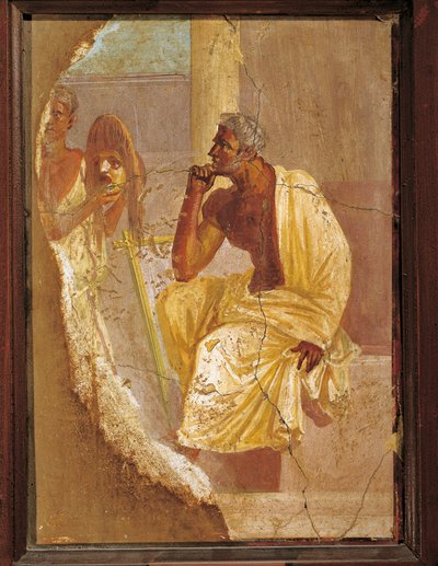 Fresk przedstawiający aktora i maskę tragiczną, pochodzący z Pompejów we Włoszech autorstwa Roman Roman