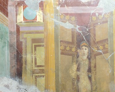 Fresk przedstawiający sztuczną dekorację architektoniczną i postać kobiety, z Domu Fabiusza Rufusa, Pompeje, Kampania, cywilizacja rzymska autorstwa Roman Roman