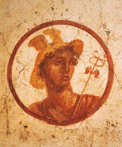 Fresk przedstawiający portret mężczyzny na białym tle, Dom Starożytnego Polowania, Pompeje, Kampania, Cywilizacja Rzymska autorstwa Roman Roman