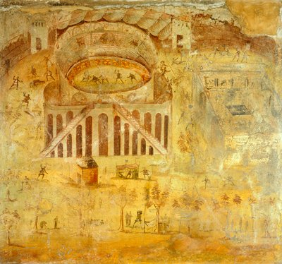 Fresk przedstawiający kłótnię Pompejusza i Noceriniego w amfiteatrze z Pompejów, Kampanii, cywilizacji rzymskiej autorstwa Roman Roman