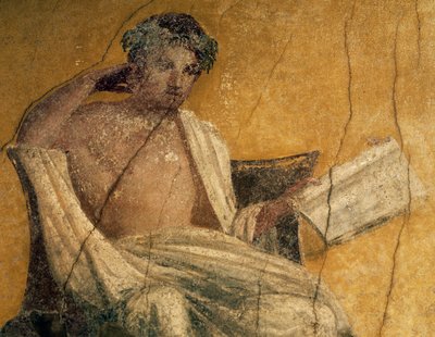 Grecki dramaturg Menander, fragment fresku, perystyl Domu Menandra, Pompeje, Kampania, Włochy, cywilizacja rzymska autorstwa Roman Roman