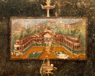 Krajobraz i architektura w malarstwie ściennym w tablinum, III styl pompejański, dom Marco Lucrezio Fronto, z Pompejów, Kampania, Włochy autorstwa Roman Roman