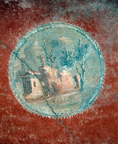 Medalion przedstawiający krajobraz na żółtym tle, fresk z Domu Menandra, Pompeje, Kampania, cywilizacja rzymska autorstwa Roman Roman