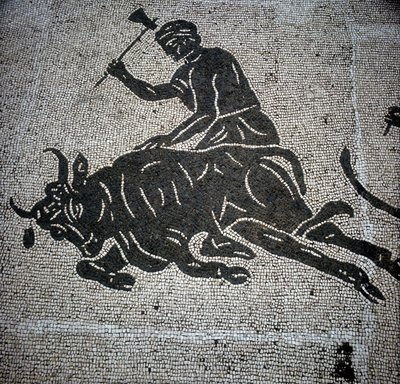 Mozaika przedstawiająca scenę uboju byka znaleziona w Ostii (Ostia) (koło Rzymu). Obecnie zachowany w dawnej Sali Pożarnej Ostii. autorstwa Roman Roman