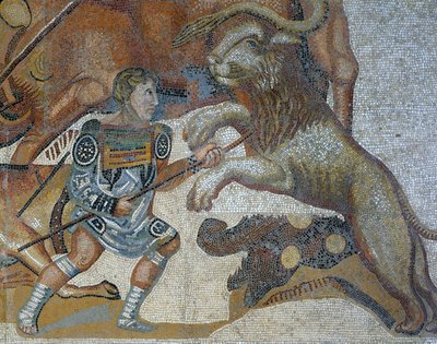 Mozaika przedstawiająca scenę polowania na dzikie zwierzęta, detal przedstawiający gladiatora zabijającego dzikie zwierzę autorstwa Roman Roman