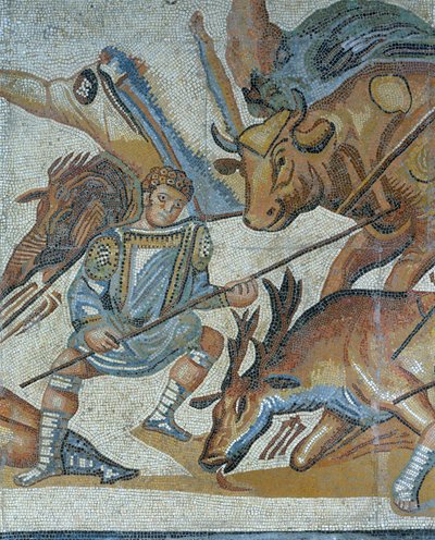 Mozaika przedstawiająca scenę polowania na dziką bestię, fragment gladiatora zabijającego zwierzę autorstwa Roman Roman