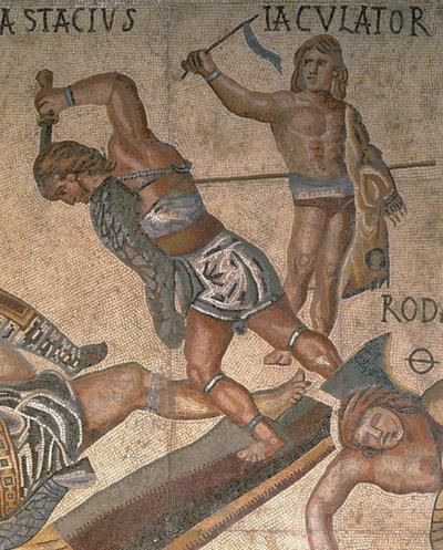 Mozaika ze sceną walki gladiatorów, detal przedstawiający gladiatora w zbroi autorstwa Roman Roman