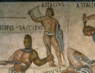 Mozaika ze sceną walki gladiatorów, fragment gladiatora odzianego w zbroję autorstwa Roman Roman