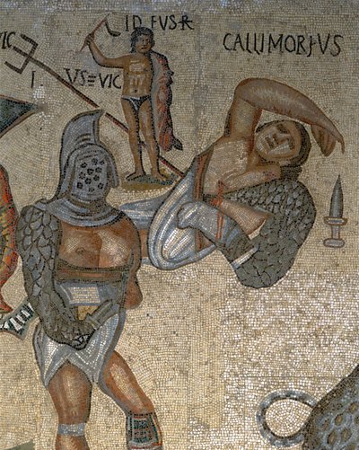 Mozaika ze sceną walki gladiatorów, fragment gladiatora odzianego w zbroję autorstwa Roman Roman