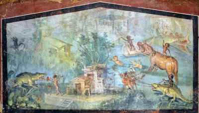 Malowidło na tynku przedstawiające scenę nilotyczną z pigmejami atakującymi krokodyle i hipopotamy, 75x127 cm, z Pompei (Lista Światowego Dziedzictwa UNESCO) autorstwa Roman Roman