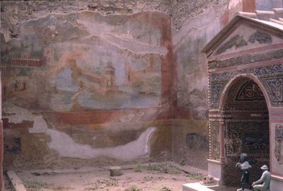 Pompeje, Casa de Diana i fontanna amfitrytowa oraz malowidło ścienne, Włochy (zdjęcie ilustracyjne) autorstwa Roman Roman
