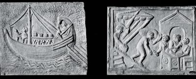 Płaskorzeźba przedstawiająca statek handlowy (Museo Nazionale, Rzym) i płaskorzeźba przedstawiająca rozładunek statku (Museo Torlonia, Rzym) III lub IV wiek (kamień) (zdjęcie czarno-białe) autorstwa Roman Roman