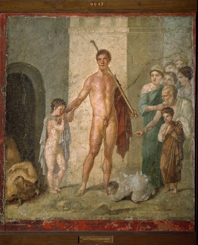 Reprezentacja Thesee, bohaterów mitologii greckiej, uwalniających siedmiu młodych mężczyzn z labiryntu po triumfie minotaura. Fresk z Villa de Gavius Rufus w Pompejach. Ciemny. 88x97 cm Muzeum Archeologiczne w Neapolu - Sztuka rzymska: reprezentacja o autorstwa Roman Roman