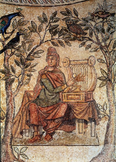 Sztuka rzymska: Orphee urocze ptaki. Mozaika z Blanzy-les-Fisms. Lyon, Muzeum Sztuk Pięknych autorstwa Roman Roman
