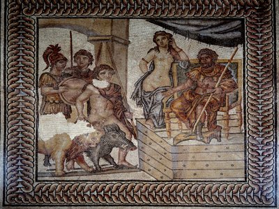 Sztuka rzymska: „”Admete, król Feres w Tesalii, po oswojeniu dzika i lwa, prosi Peliasa, króla Iolcos, o rękę jego córki Alceste”” Mozaika Wesela Admete. Nimes, Muzeum Sztuk Pięknych autorstwa Roman Roman
