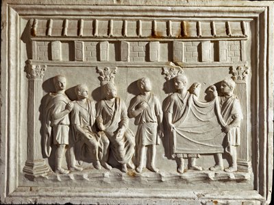 Sztuka rzymska: płaskorzeźba przedstawiająca tkaninę i gobeliny. Z oryginału z II wieku n.e. Rzym Museo della Civilta Romana autorstwa Roman Roman