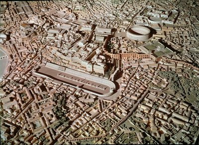 Sztuka rzymska: model przedstawiający miasto Rzym w czasach starożytnych. W centrum Circus Maximus lub Grand Circus rezerwy na wyścigi czołgów. Rzym, Museo della Civilta romana - Sztuka rzymska. Circus Maximus i Mury Etruskie. Detal z modelu rekonstrukcji autorstwa Roman Roman