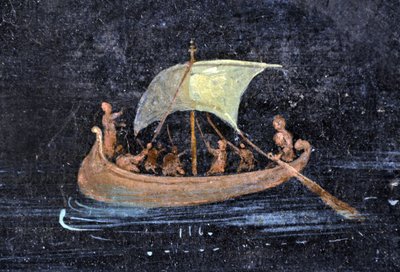 Sztuka rzymska: scena rzeczna - łódź i marynarze na rzece (rzece) - fragment fresku z Pompejów zachowany w Muzeum Archeologicznym w Neapolu, Włochy - Museo Archeologico Nazionale, Neapol, Italia - Fot. Patrice Cartier - autorstwa Roman Roman
