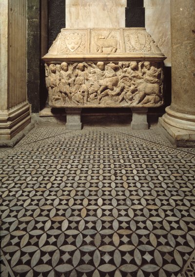 Rzymski sarkofag z płaskorzeźbami przedstawiającymi scenę polowania na dzika, wieko zdobi herb Medyceuszy autorstwa Roman Roman