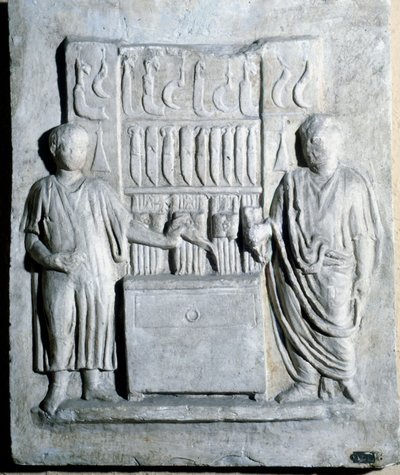 Znak sklepu z nożami w czasach rzymskich. Muzeum Ostii (Ostia) autorstwa Roman Roman