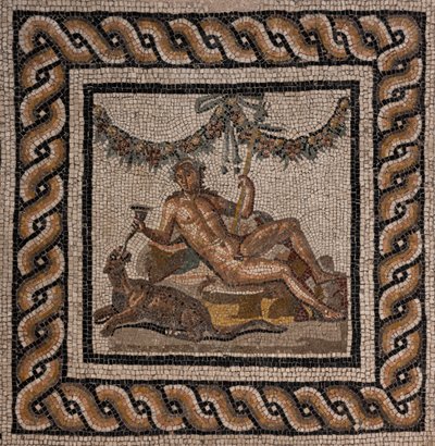 Dom Dionizosa, jeden z rzymskiego domus Ortaglia: szczegół mozaikowej podłogi przedstawiający Dionizosa i panterę (mozaika) autorstwa Roman Roman