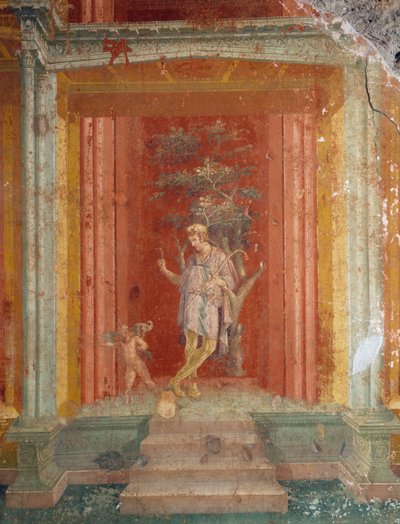 Scena teatralna, fresk (styl IV) na czerwonym tle z Domu Pinarius Cerialis, Pompeje (Lista Światowego Dziedzictwa UNESCO autorstwa Roman Roman