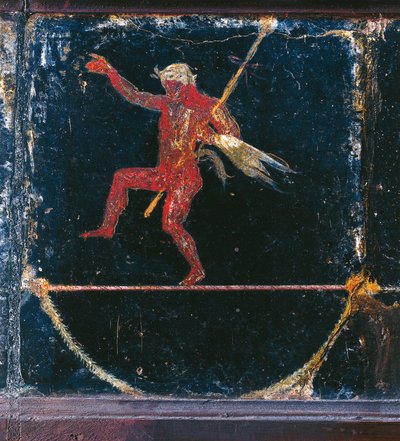 Fresk w trzecim stylu przedstawiający Funambolistę Seleni, fragment Silenusa trzymającego tyrs, z tzw. Willi Cycerona w Pompejach autorstwa Roman Roman