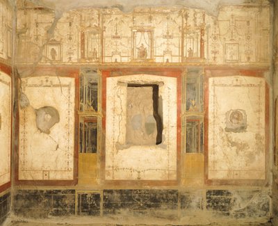 Dekoracja ścienna w czwartym stylu pompejańskim, z domu Loreio Tiburtino, Pompeje, Kampania, cywilizacja rzymska autorstwa Roman Roman