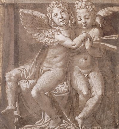 Śpiew dwóch siedzących aniołów, według Polidoro da Caravaggio (pióro i brązowy atramentowy brąz z białym na szaro-niebieskim papierze) autorstwa Roman School