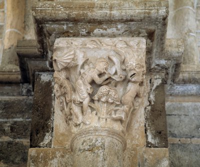 Muzyk i demon symbolizujący rozpustę (rzeźbiona stolica) autorstwa Romanesque