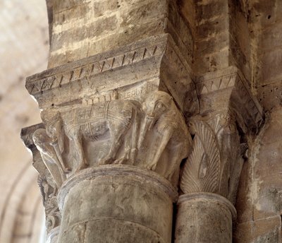 Słonie (rzeźbiona stolica nawy) autorstwa Romanesque