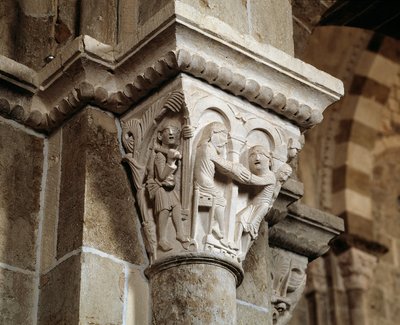Ezaw wraca z polowania i znajduje się przed swoim ojcem Izaakiem, który błogosławi Jakuba (rzeźbiona stolica) autorstwa Romanesque