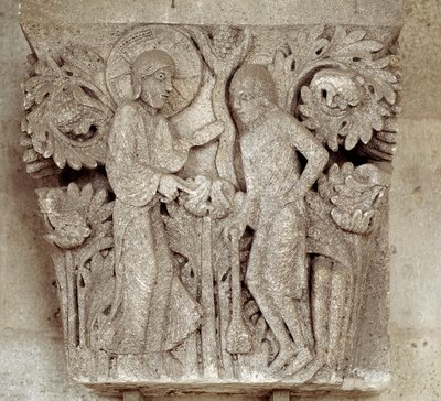 Bóg i Kain (rzeźbiony kapitał) autorstwa Romanesque