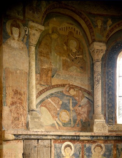 Sztuka romańska: Obraz przedstawiający męczennika św. Wawrzyńca (1103-1130). Fresk. Kaplica Chateau des Moines, Berze la Ville (Berze-la-Ville w Saonie i Loirze, Burgundia), Francja. autorstwa Romanesque