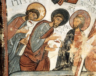 Sztuka romańska: „Apostołowie Filip, Barthelemy i Andre” Fresk głosowania Cene, kościół św. Izydora XII w. Real Colegiata of San Isidoro, Leon autorstwa Romanesque