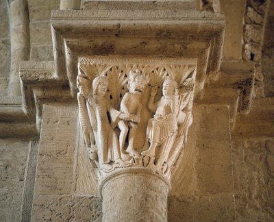Diabeł pokazuje kobietę świętemu Benedyktowi, aby go kusić, stolicę narthexu (rzeźby) autorstwa Romanesque