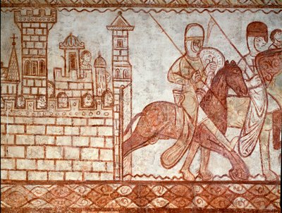 Oblężenie Damaszku (fragment fresku kaplicy templariuszy Cressac Saint Genis) autorstwa Romanesque