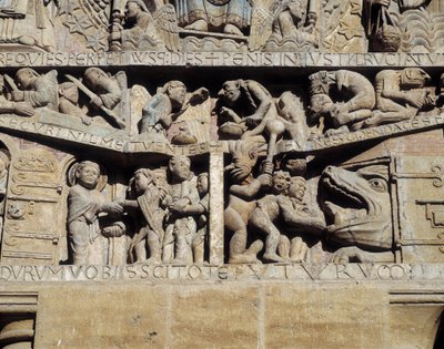 Widok tympanonu sądu ostatecznego, fragment piekła (rzeźba) autorstwa Romanesque