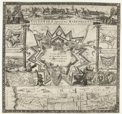 Zwycięstwa Rabenhaupta w Groningen w latach 1672-1673 Victorien van syn dosk. Rabenhaupt, w Groningen i Omlanden, między innymi 1672 i 73 (tytuł na obiekcie) autorstwa Romeyn de Hooghe (attributed to)