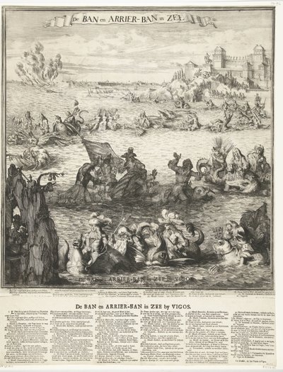 Karykatura o zdobyciu srebrnej floty w Vigo, 1702 Zakaz i zakaz Arrier na morzu (tytuł na obiekcie) Zakaz i zakaz Arrier na morzu w Vigos (tytuł na obiekcie) autorstwa Romeyn de Hooghe (possibly)