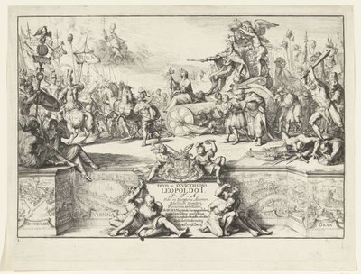 Alegoria zwycięstw Leopolda I Divo et invictissimo Leopoldo I (tytuł na obiekcie) Wjazd Leopolda I do Brukseli po pokonaniu Turków, 1686 (tytuł serii) autorstwa Romeyn de Hooghe